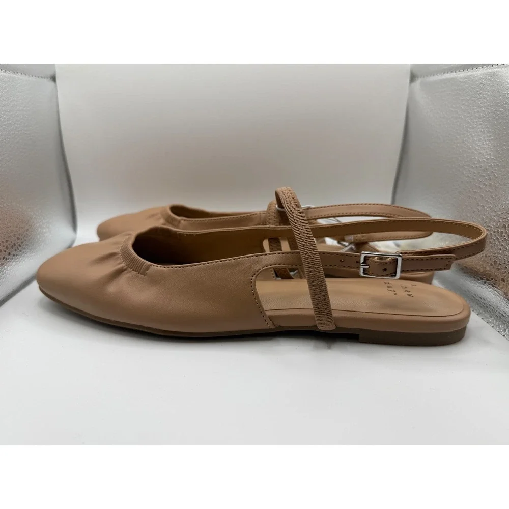 A New Day Vada Tan Ballet Flats Square Toe Slingback Memory Foam Shoes Womens 8